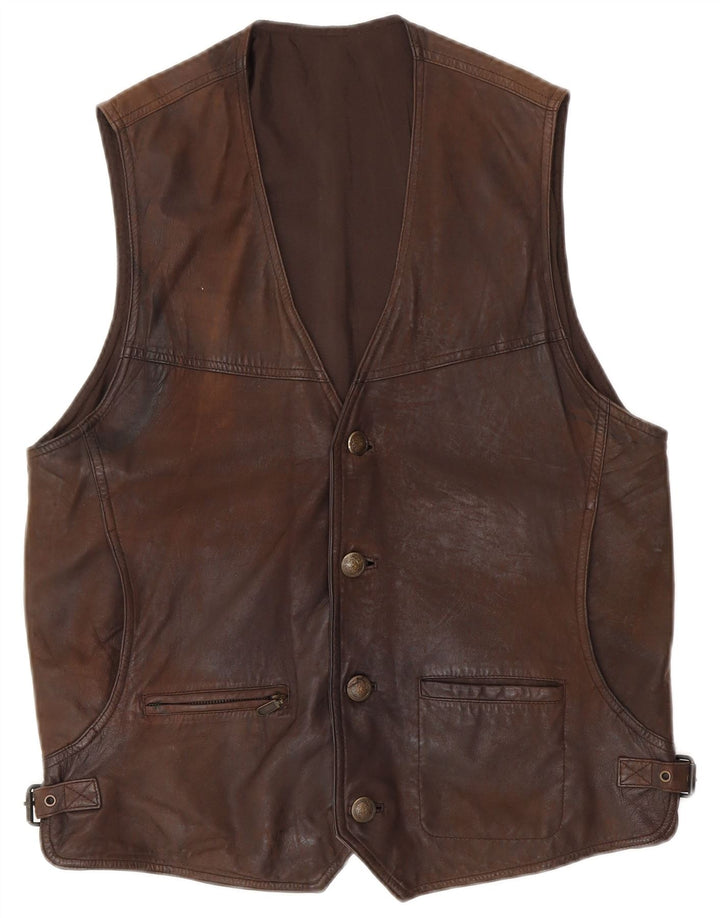 Vintage Mens Leather Waistcoat IT 48 Medium Brown Leather