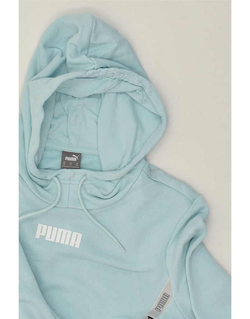 PUMA Womens Graphic Hoodie Jumper UK 14 Medium Turquoise Cotton | Vintage Puma | Thrift | Second-Hand Puma | Used Clothing | Messina Hembry 