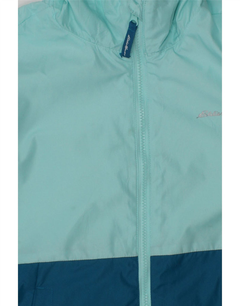 EDDIE BAUER Girls Hooded Rain Jacket 10-11 Years Medium Blue Colourblock Vintage Eddie Bauer and Second-Hand Eddie Bauer from Messina Hembry 