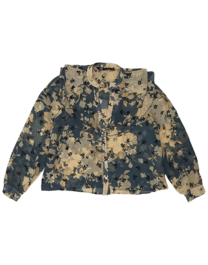 Zara Womens See Through Shirt Blouse UK 10 Small Blue Floral Polyester