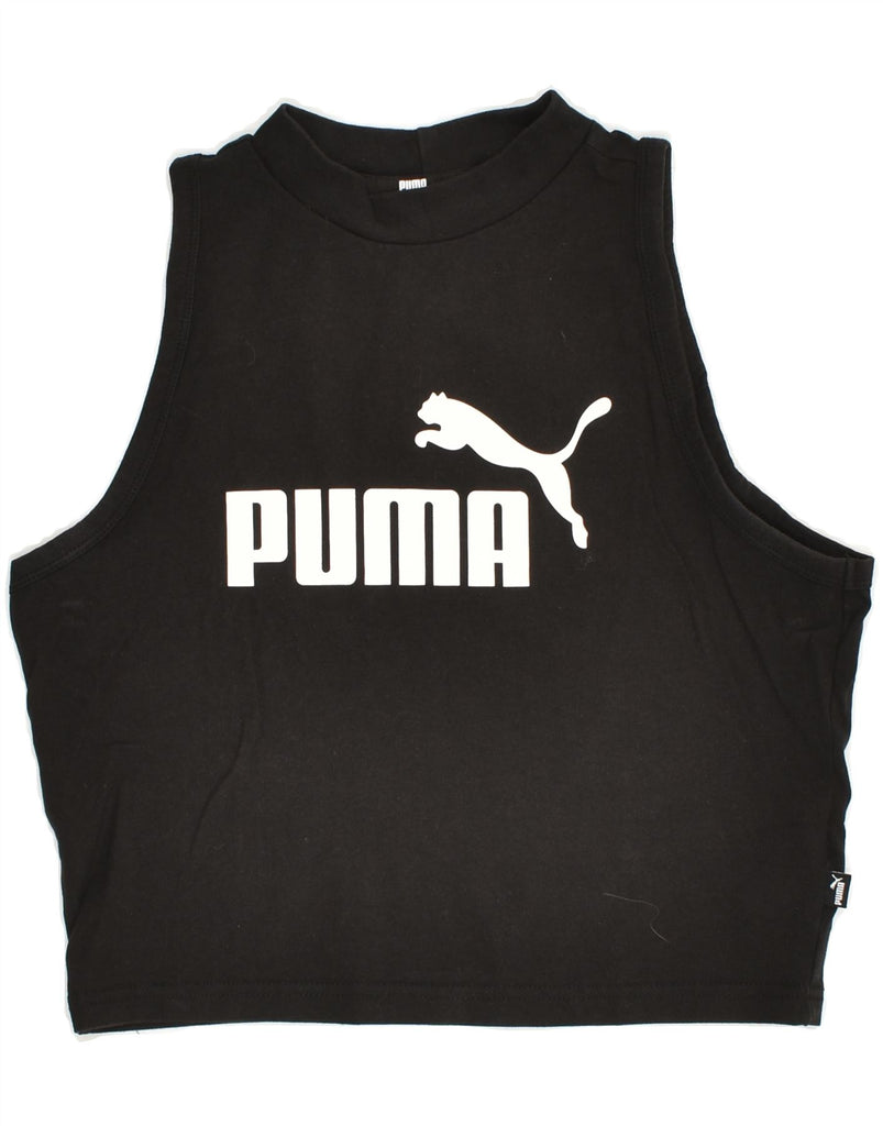 PUMA Womens Crop Graphic Vest Top UK 12 Medium Black Cotton | Vintage Puma | Thrift | Second-Hand Puma | Used Clothing | Messina Hembry 