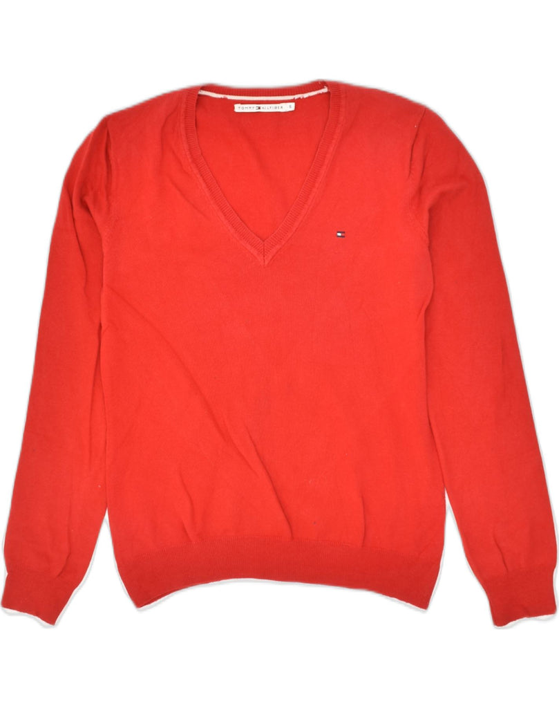 TOMMY HILFIGER Womens V-Neck Jumper Sweater UK 10 Small Red Cotton | Vintage Tommy Hilfiger | Thrift | Second-Hand Tommy Hilfiger | Used Clothing | Messina Hembry 