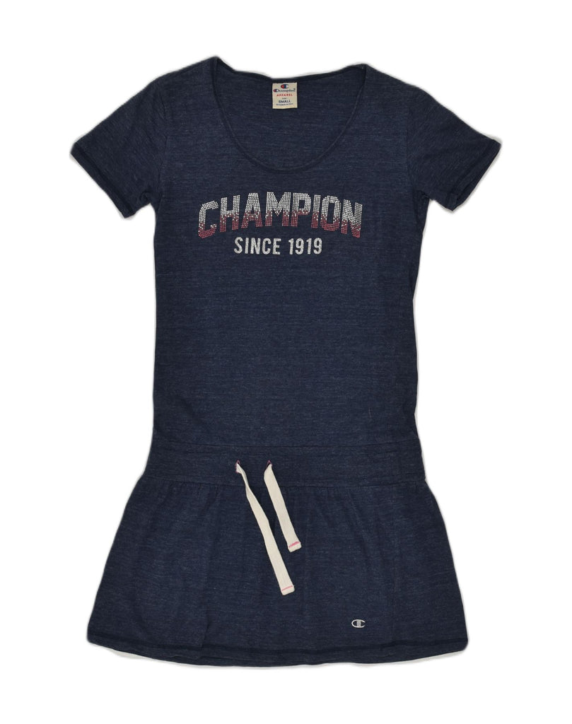 CHAMPION Womens Graphic T-Shirt Dress UK 8 Small Navy Blue Cotton | Vintage Champion | Thrift | Second-Hand Champion | Used Clothing | Messina Hembry 