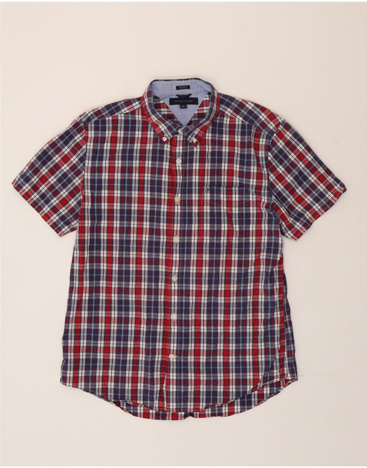 Tommy Hilfiger Mens Short Sleeve Custom Fit Shirt Large Navy Blue Check