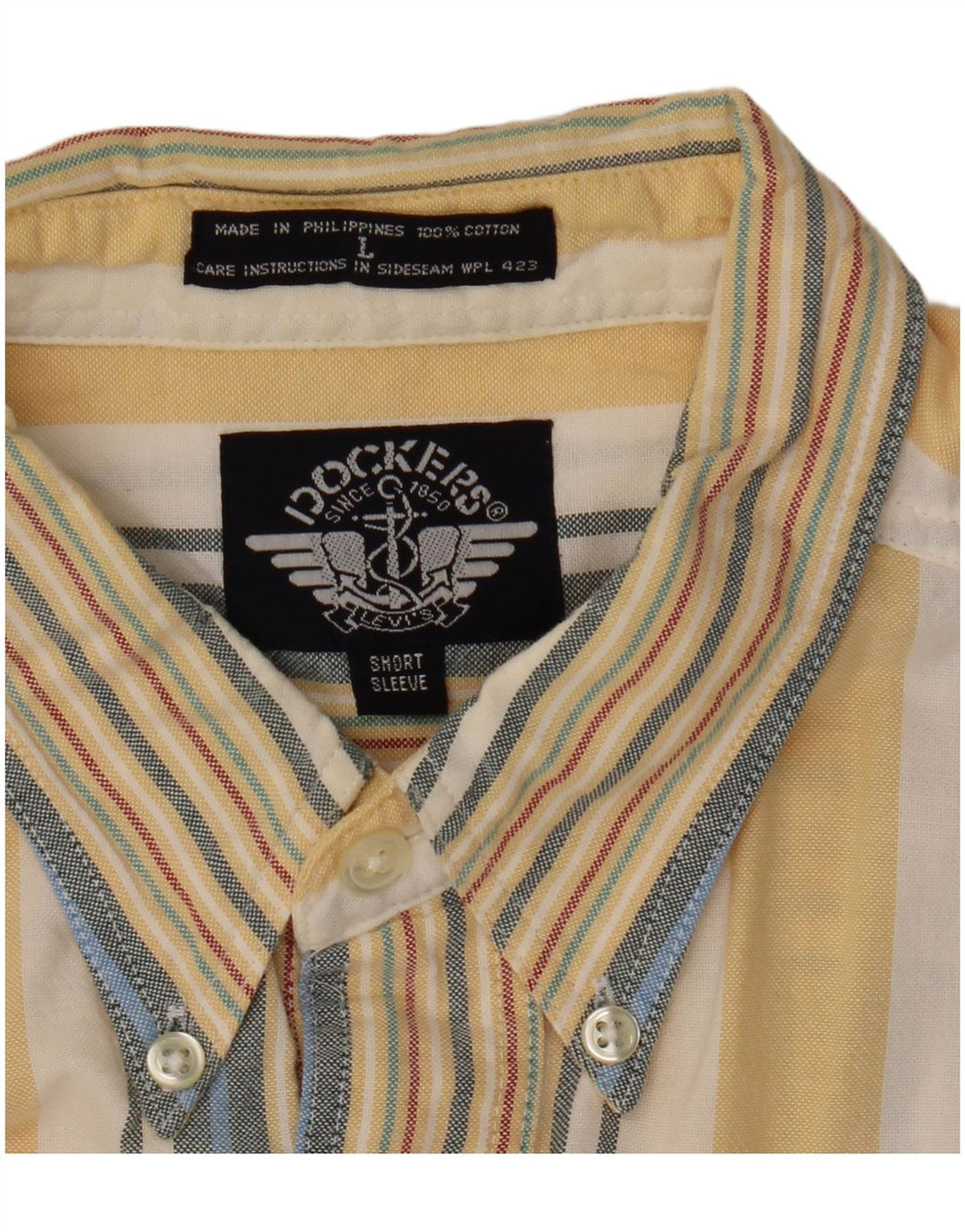 DOCKERS Mens Short Sleeve Shirt Large Yellow Striped Cotton