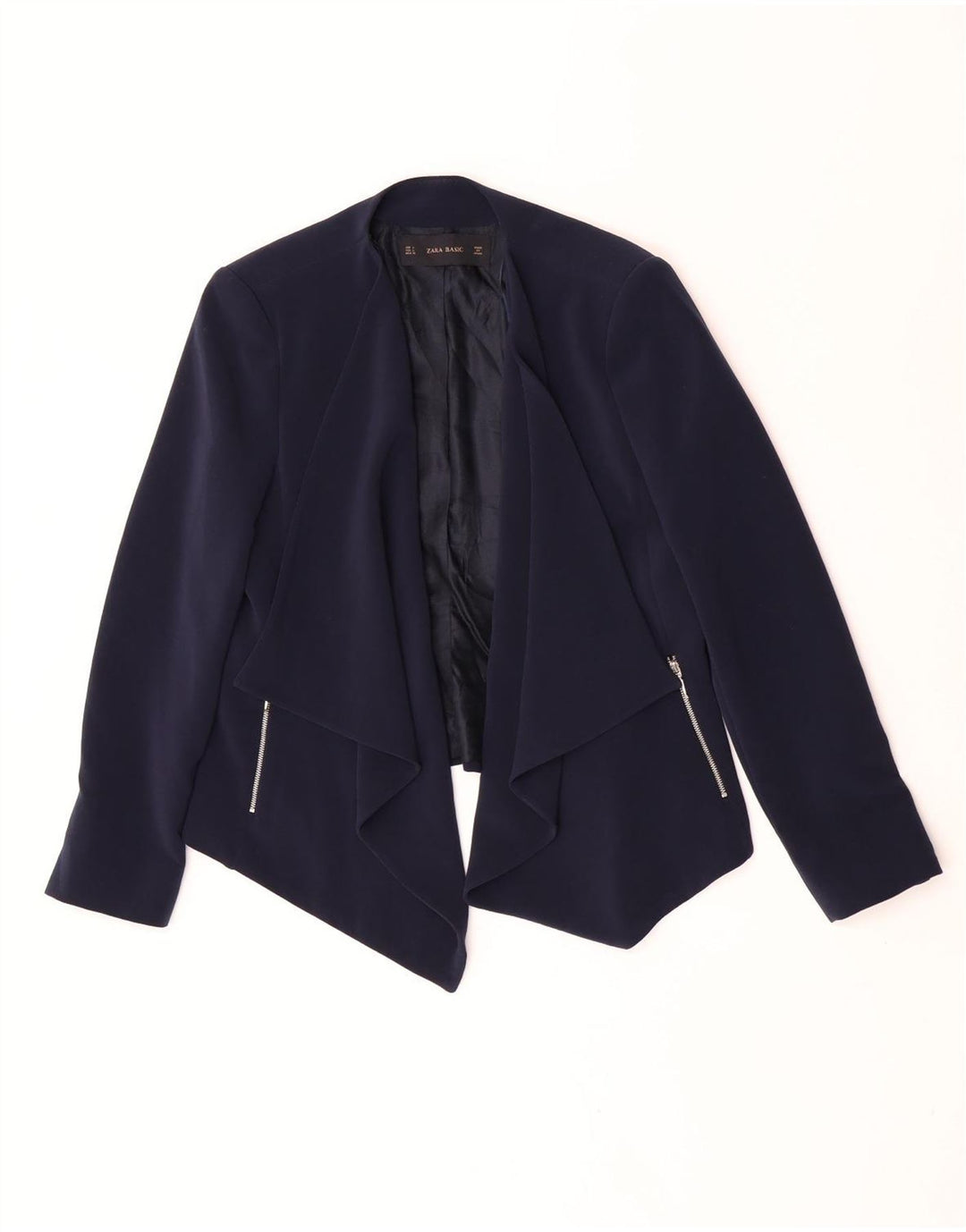 Zara Womens Open Blazer Jacket UK 14 Large Navy Blue Polyester
