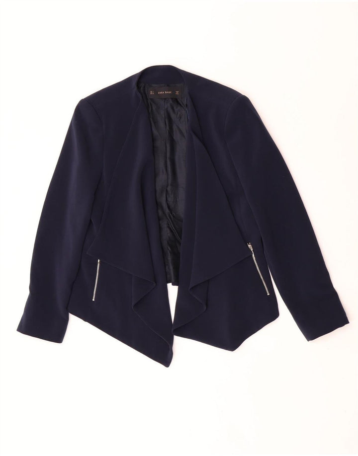 Zara Womens Open Blazer Jacket UK 14 Large Navy Blue Polyester