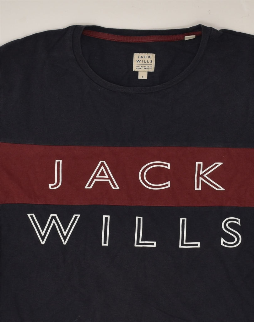 JACK WILLS Mens Graphic T-Shirt Top Small Navy Blue Colourblock Cotton | Vintage Jack Wills | Thrift | Second-Hand Jack Wills | Used Clothing | Messina Hembry 