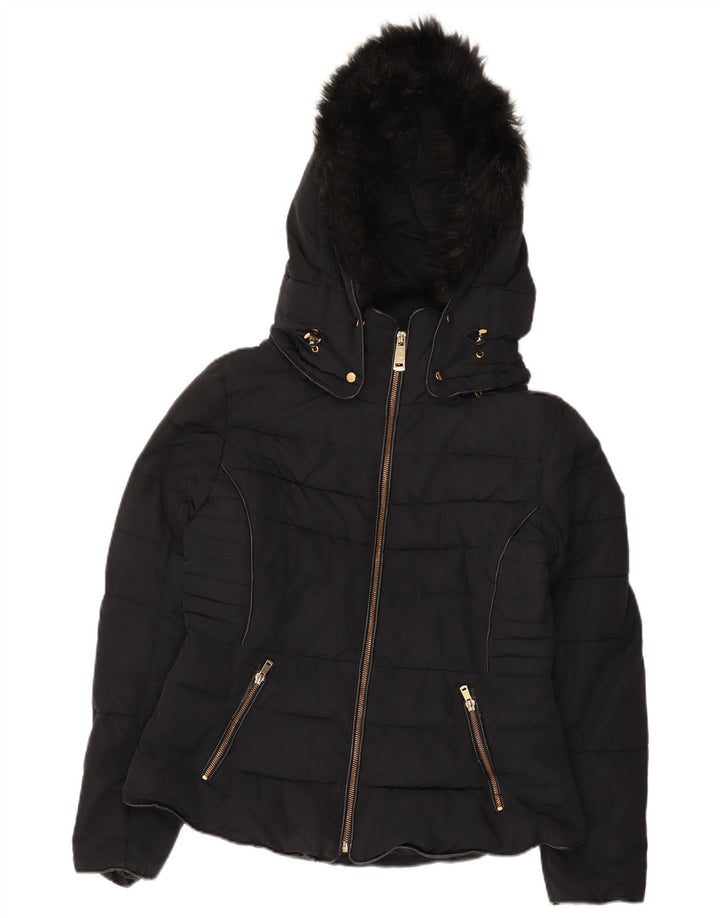 Zara Womens Crop Hooded Padded Jacket UK 16 Large Black Polyester