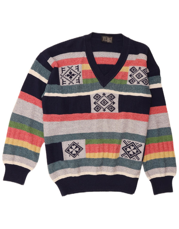 Baroni Mens V-Neck Jumper Sweater IT 54 XL Multicoloured Striped Cotton