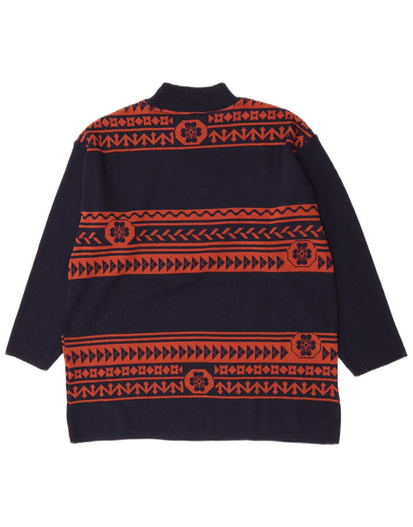 Vintage Womens Turtle Neck Jumper Sweater UK 14 Large Navy Blue Geometric