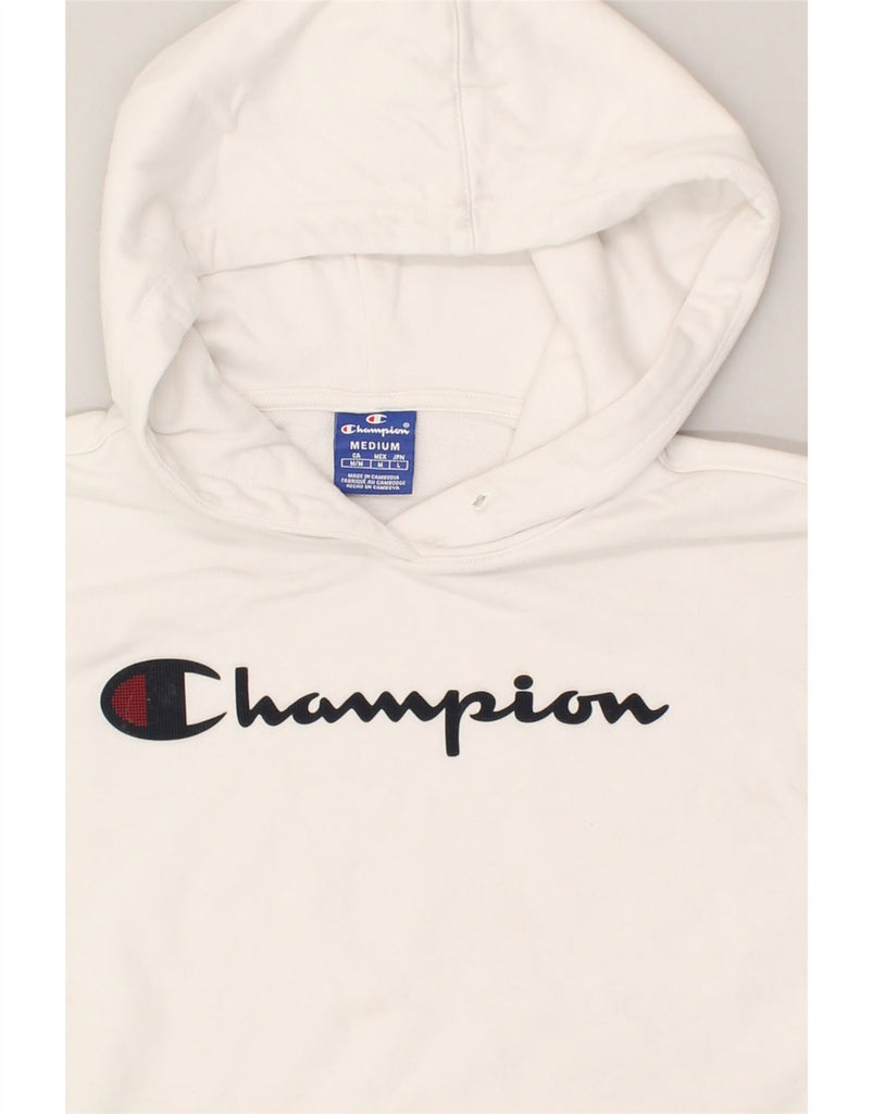 CHAMPION Womens Crop Graphic Hoodie Jumper UK12 Medium White Colourblock | Vintage Champion | Thrift | Second-Hand Champion | Used Clothing | Messina Hembry 