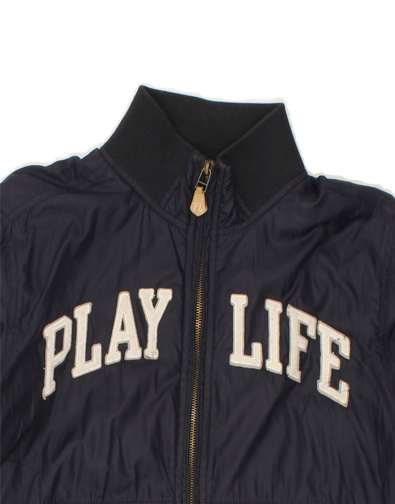 PLAYLIFE Womens Graphic Bomber Jacket UK 14 Medium Navy Blue | Vintage Playlife | Thrift | Second-Hand Playlife | Used Clothing | Messina Hembry 