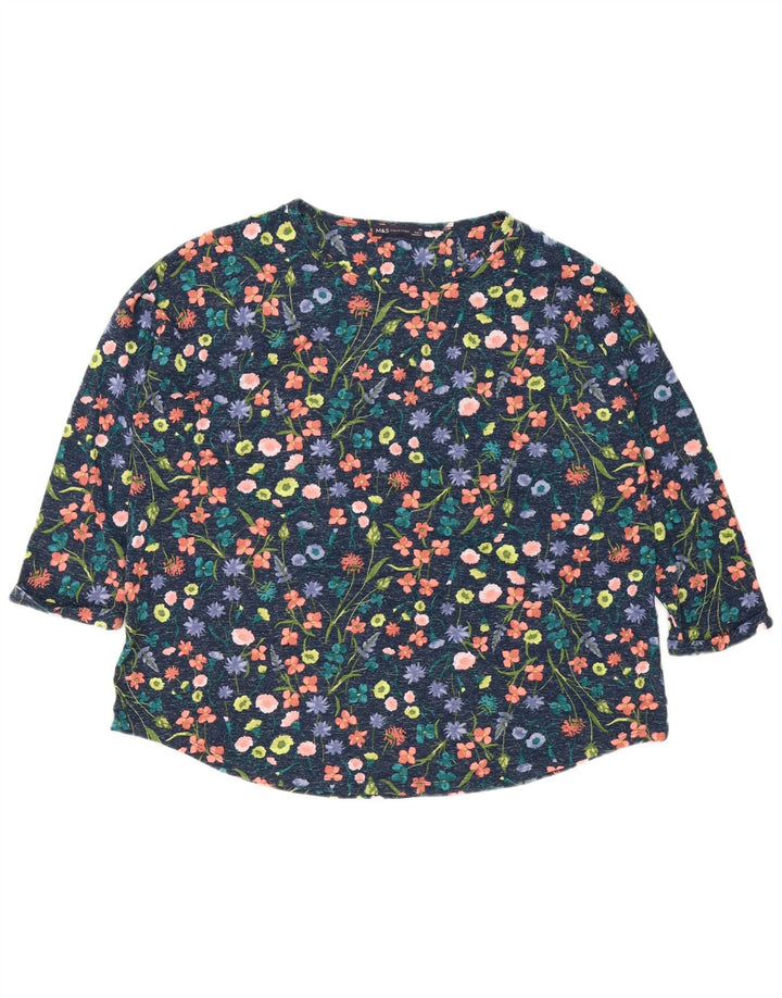 Marks & Spencer Womens Top 3/4 Sleeve UK 22 3XL Navy Blue Floral Polyester