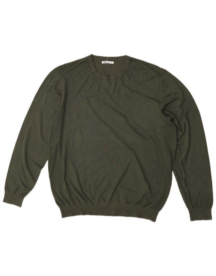 Zara Mens Crew Neck Jumper Sweater Large Khaki Viscose