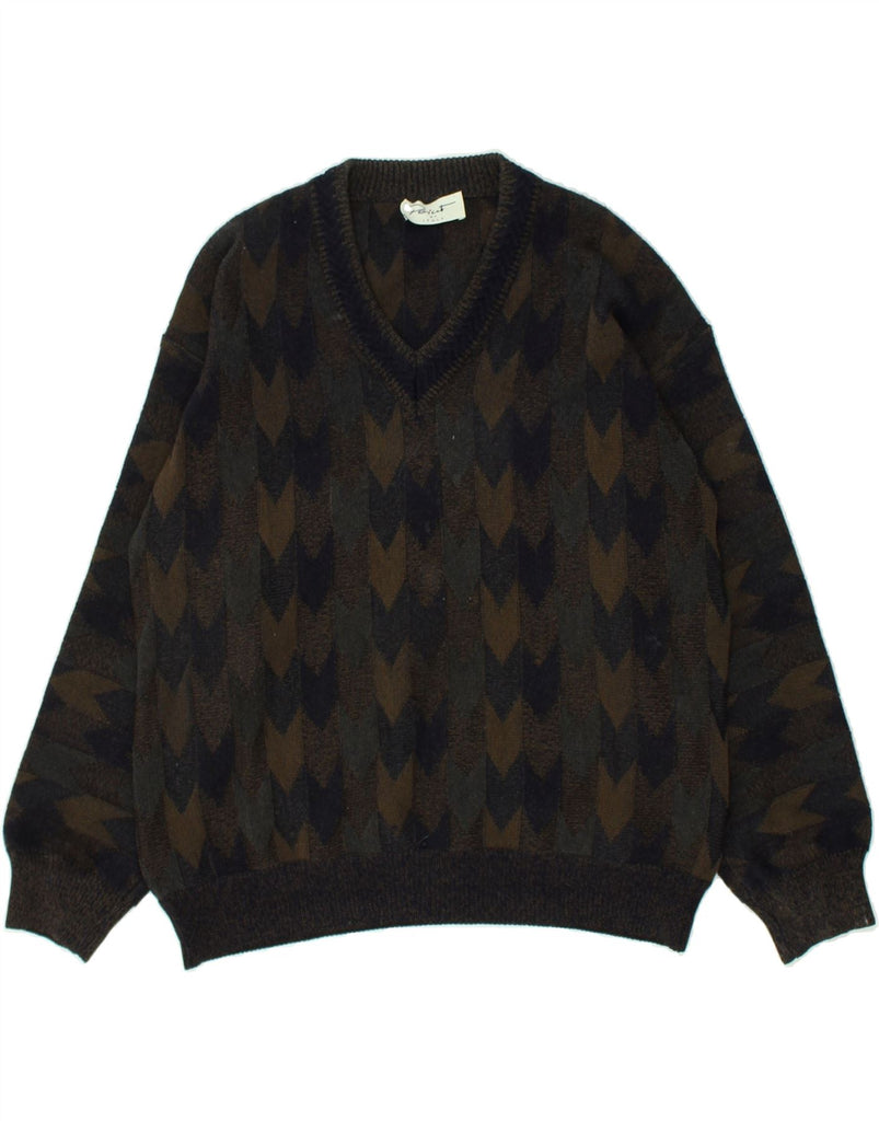 VINTAGE Mens Abstract Pattern V-Neck Jumper Sweater Medium Brown | Vintage Vintage | Thrift | Second-Hand Vintage | Used Clothing | Messina Hembry 