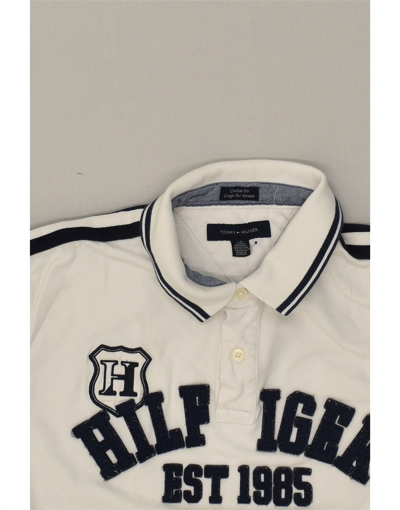 TOMMY HILFIGER Mens Graphic Custom Fit Polo Shirt Large White Cotton | Vintage Tommy Hilfiger | Thrift | Second-Hand Tommy Hilfiger | Used Clothing | Messina Hembry 