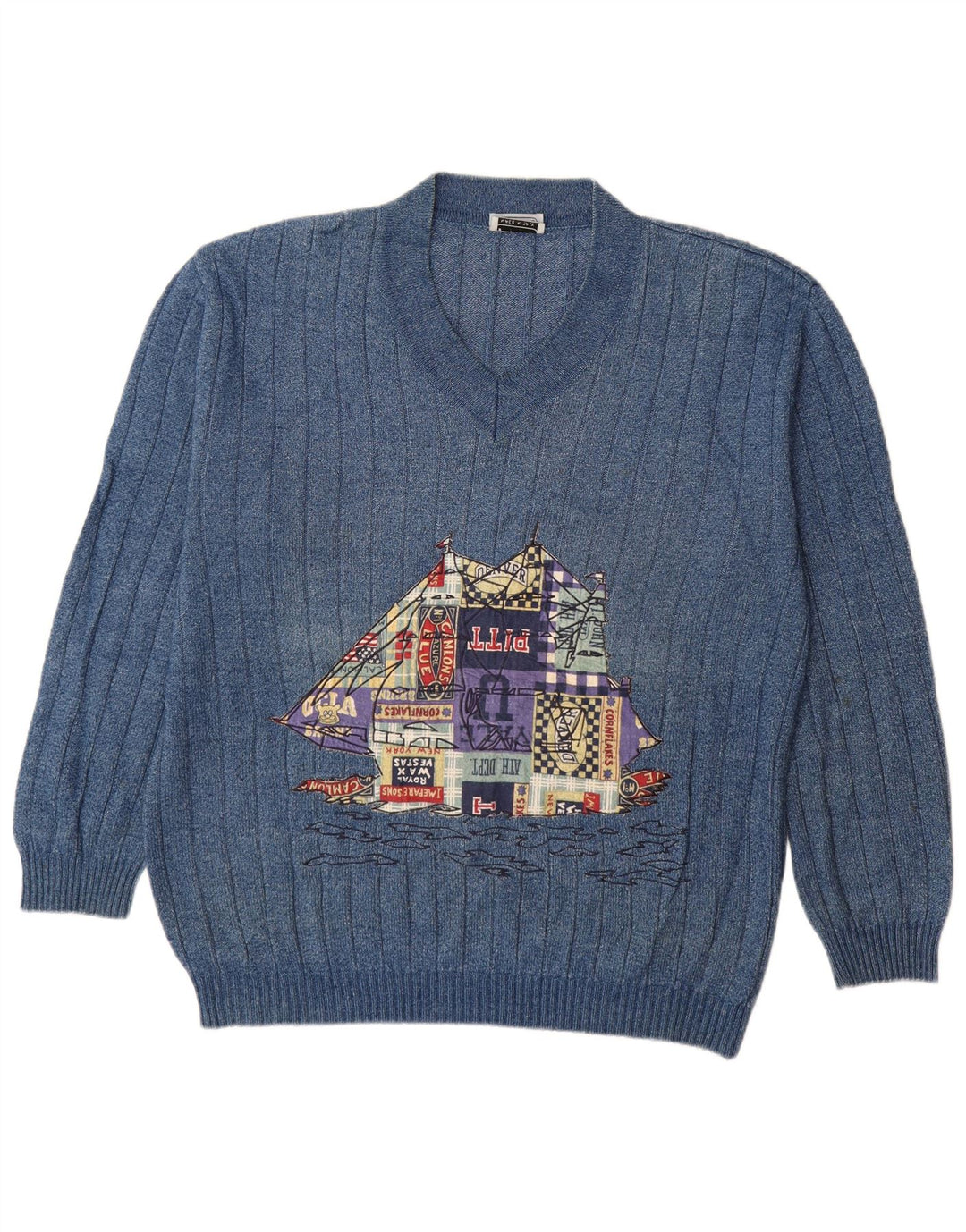 Vintage Mens Graphic V-Neck Jumper Sweater XL Blue Cotton Comics