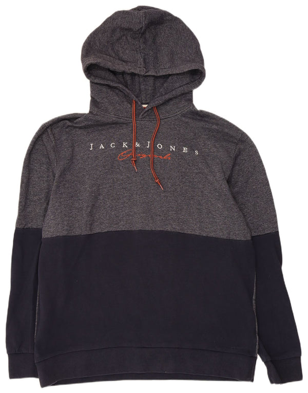 Jack & Jones Mens Graphic Hoodie Jumper 2XL Grey Colourblock Cotton