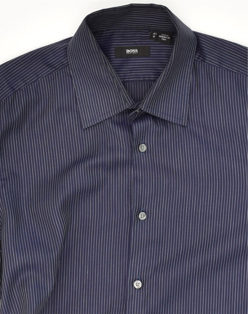 HUGO BOSS Mens Shirt Size 16 41 Large Navy Blue Pinstripe Cotton | Vintage Hugo Boss | Thrift | Second-Hand Hugo Boss | Used Clothing | Messina Hembry 