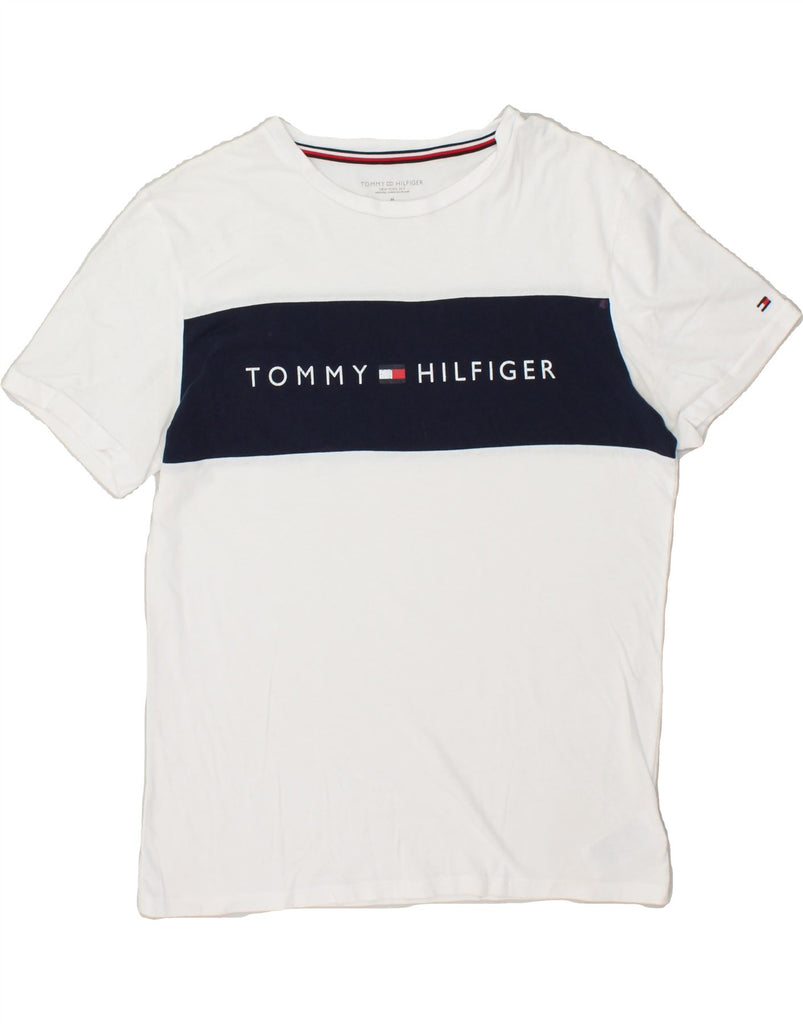 TOMMY HILFIGER Mens Graphic T-Shirt Top Medium White Colourblock Cotton | Vintage Tommy Hilfiger | Thrift | Second-Hand Tommy Hilfiger | Used Clothing | Messina Hembry 