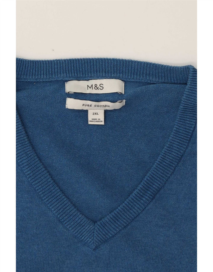 Marks & Spencer Mens V-Neck Jumper Sweater 2XL Blue Cotton