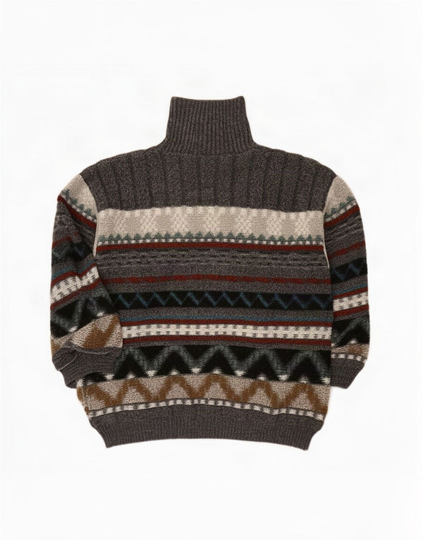 Vintage Mens Roll Neck Jumper Sweater Large Grey Fair Isle