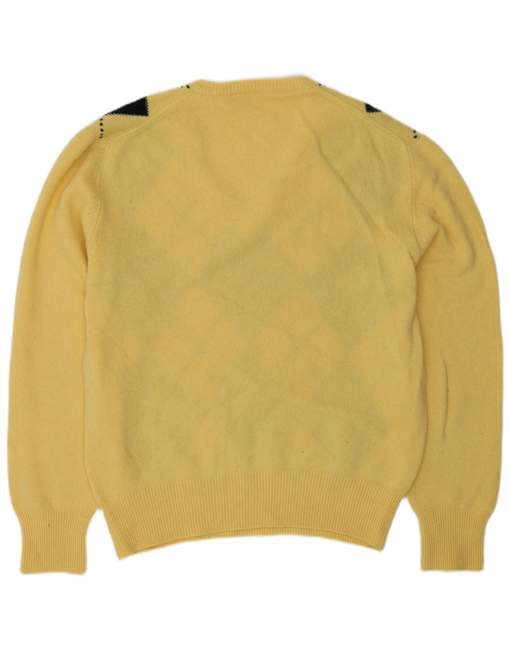 VINTAGE Mens V-Neck Jumper Sweater Large Yellow Argyle/Diamond