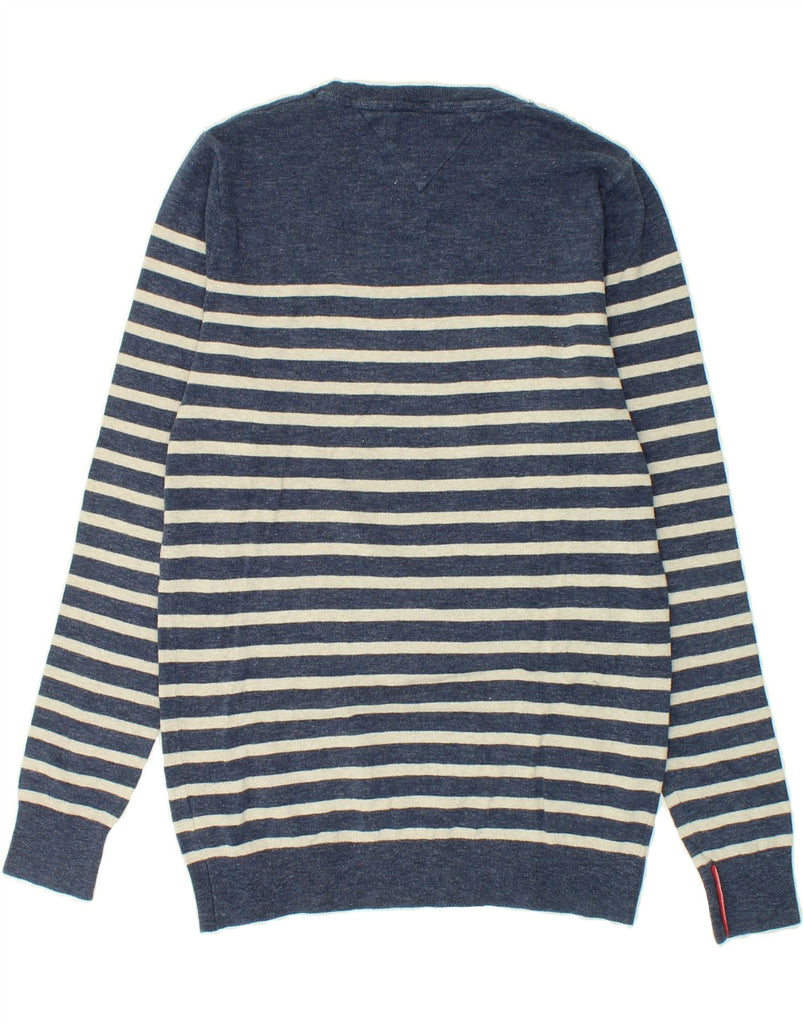 TOMMY HILFIGER Mens Crew Neck Jumper Sweater Medium Navy Blue Striped | Vintage Tommy Hilfiger | Thrift | Second-Hand Tommy Hilfiger | Used Clothing | Messina Hembry 