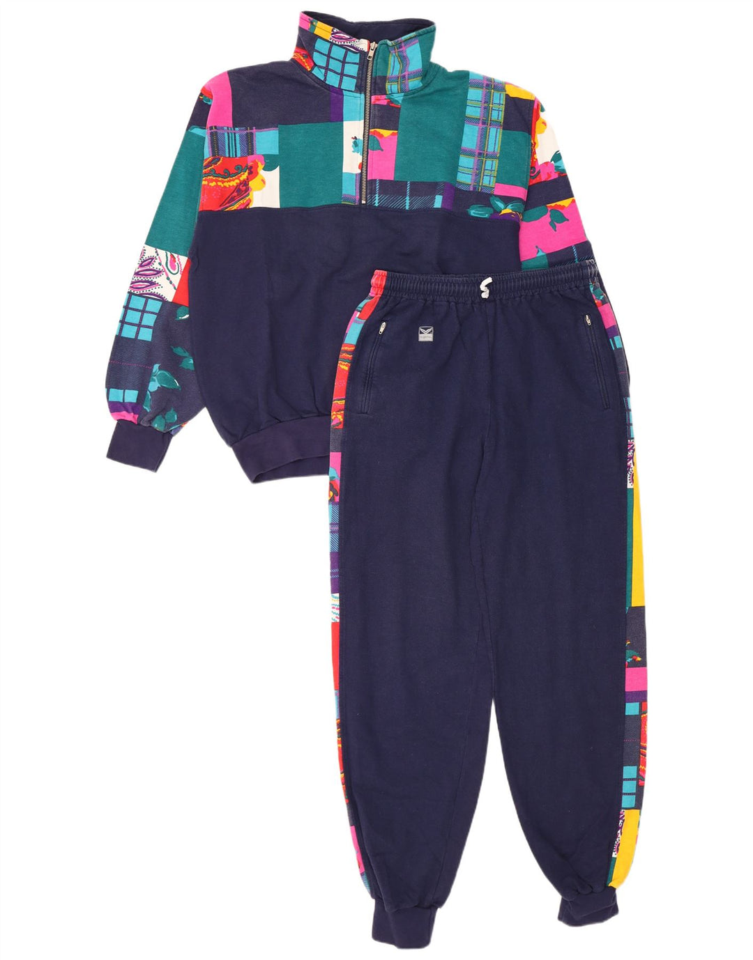 TRIGEMA Womens Full Tracksuit UK 14 Medium  Navy Blue Patchwork Cotton