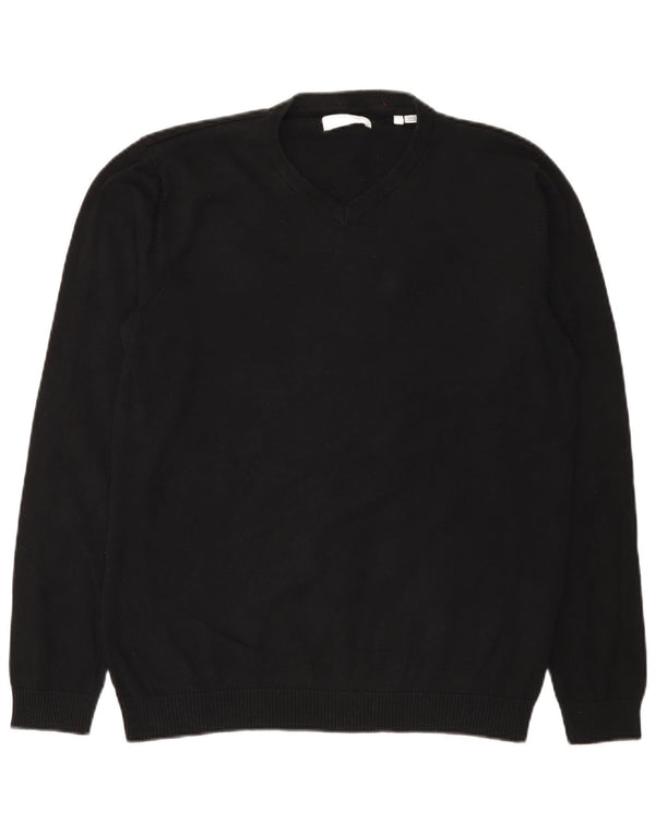 Jack & Jones Mens V-Neck Jumper Sweater Large Black Cotton