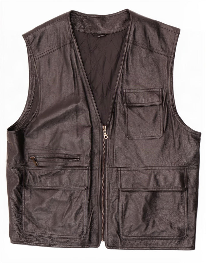 Vintage Mens Leather Utility Gilet IT 52 XL Black