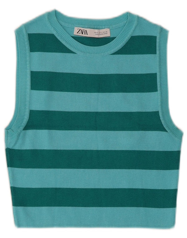 Zara Womens Crop Vest Tank Top UK 12 Medium Blue Striped Viscose