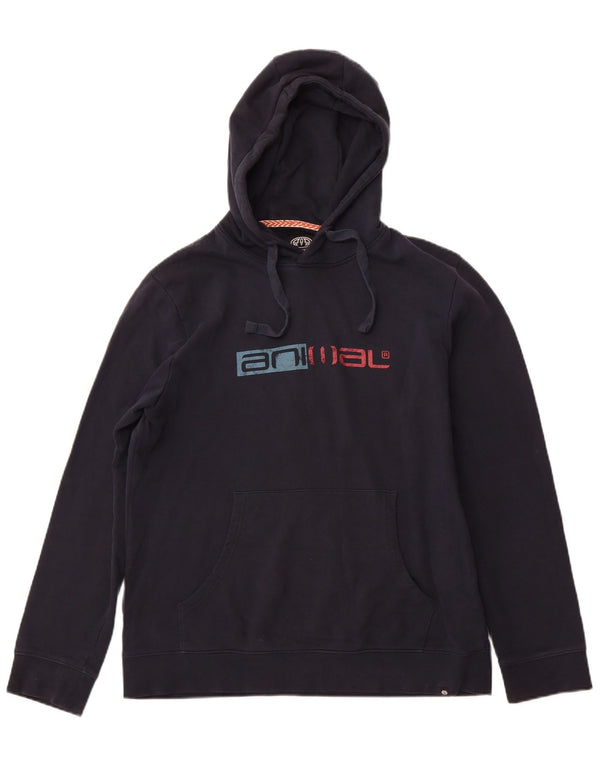 ANIMAL Mens Graphic Hoodie Jumper Large Navy Blue Cotton