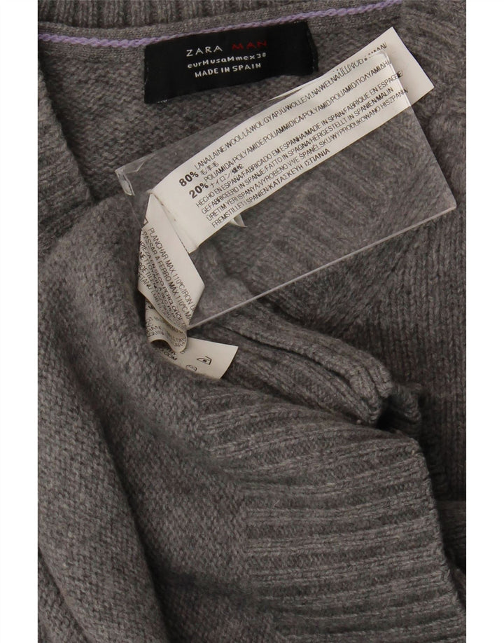 Zara Mens V-Neck Jumper Sweater Medium Grey Wool