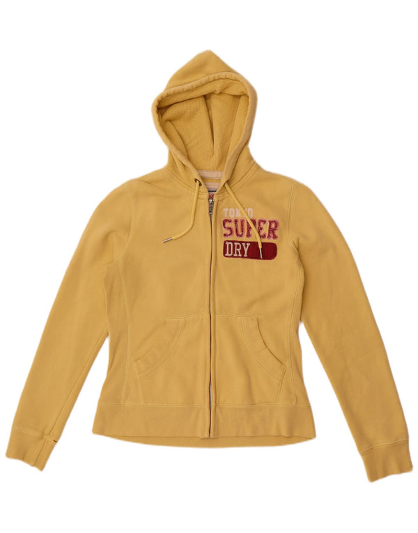 Superdry Womens Graphic Zip Hoodie Sweater UK 12 Medium Yellow Cotton