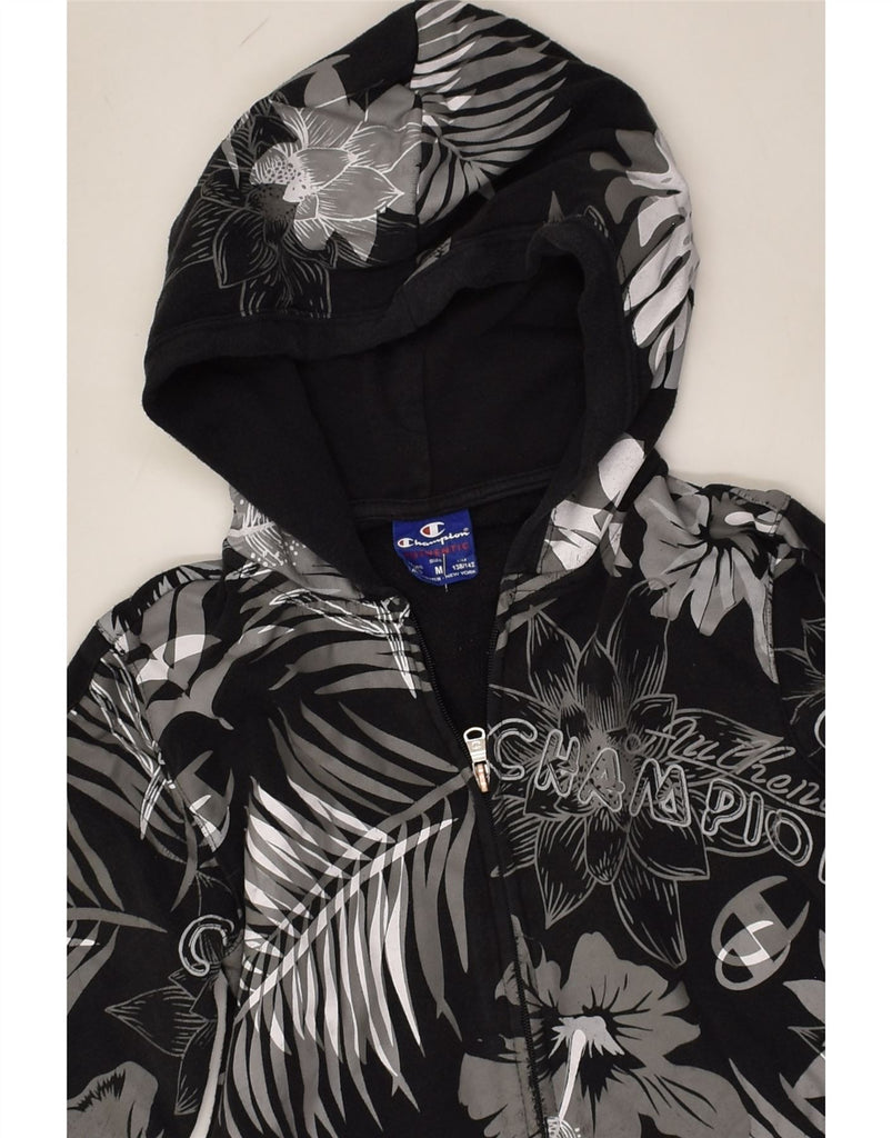 CHAMPION Girls Zip Hoodie Sweater 9-10 Years Medium Black Floral Cotton | Vintage Champion | Thrift | Second-Hand Champion | Used Clothing | Messina Hembry 