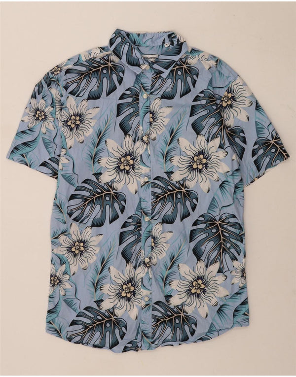 Jack & Jones Mens Short Sleeve Shirt Medium Blue Floral Cotton Hawaiian