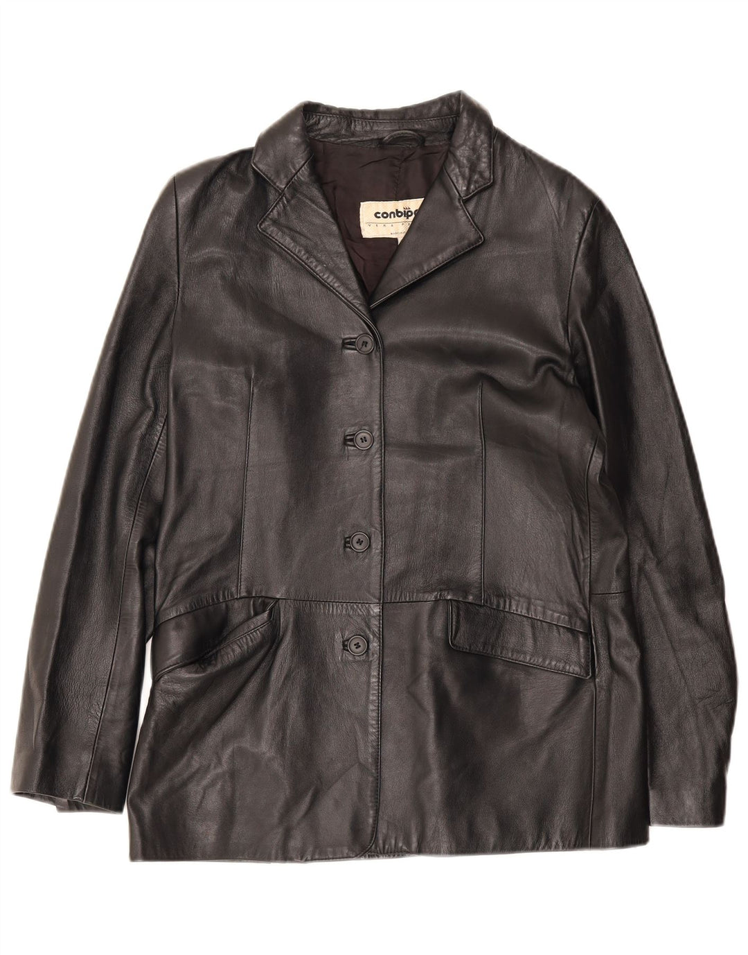 Conbipel Womens Leather 4 Button Blazer Jacket IT 48 XL Black