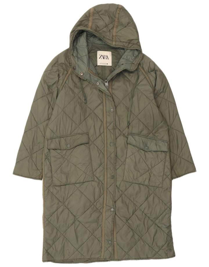Zara Womens Oversized Hooded Quilted Overcoat UK 14 Medium Green