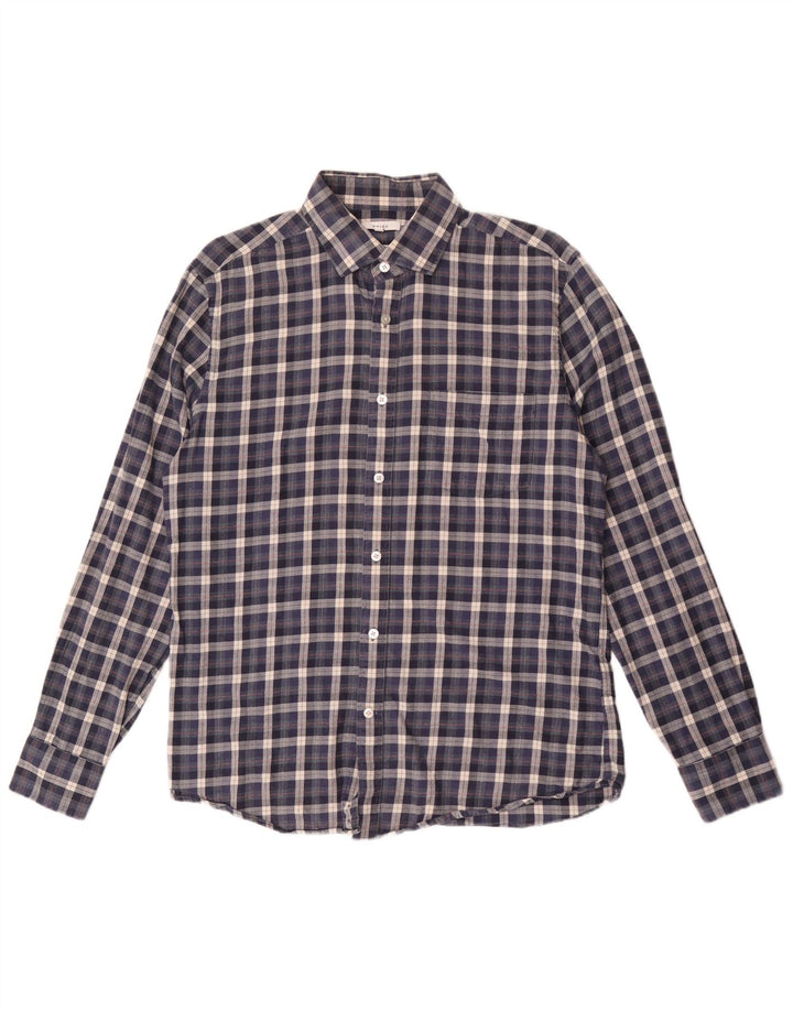 Reiss Mens Regular Fit Flannel Shirt Large Navy Blue Check Cotton