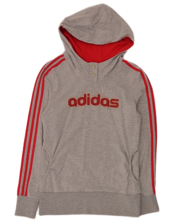 Adidas Womens Graphic Button Neck Hoodie Jumper UK 12 Medium Grey Cotton