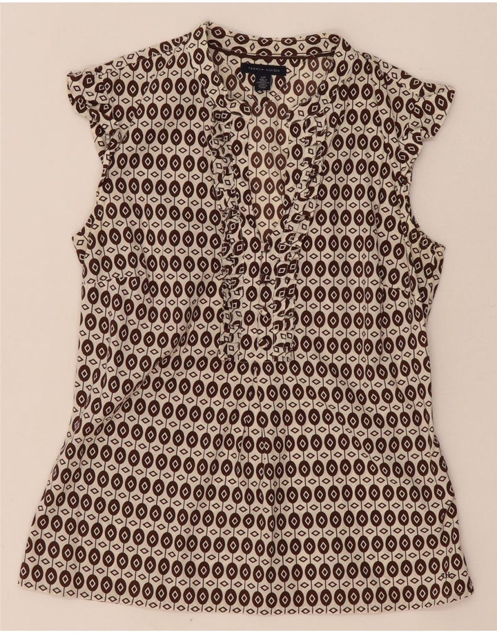 Tommy Hilfiger Womens Ruffle Front Blouse Top UK 10 Small Brown Geometric