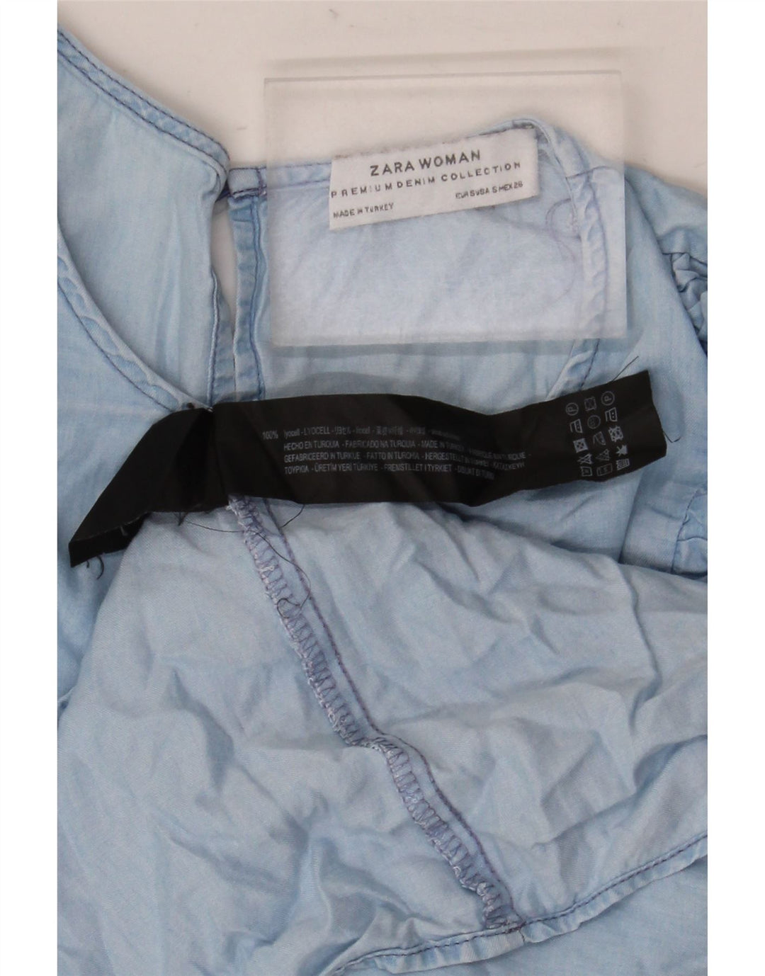 Zara Womens 3/4 Sleeve Ruffle Front Blouse Top UK 10 Small Blue Lyocell
