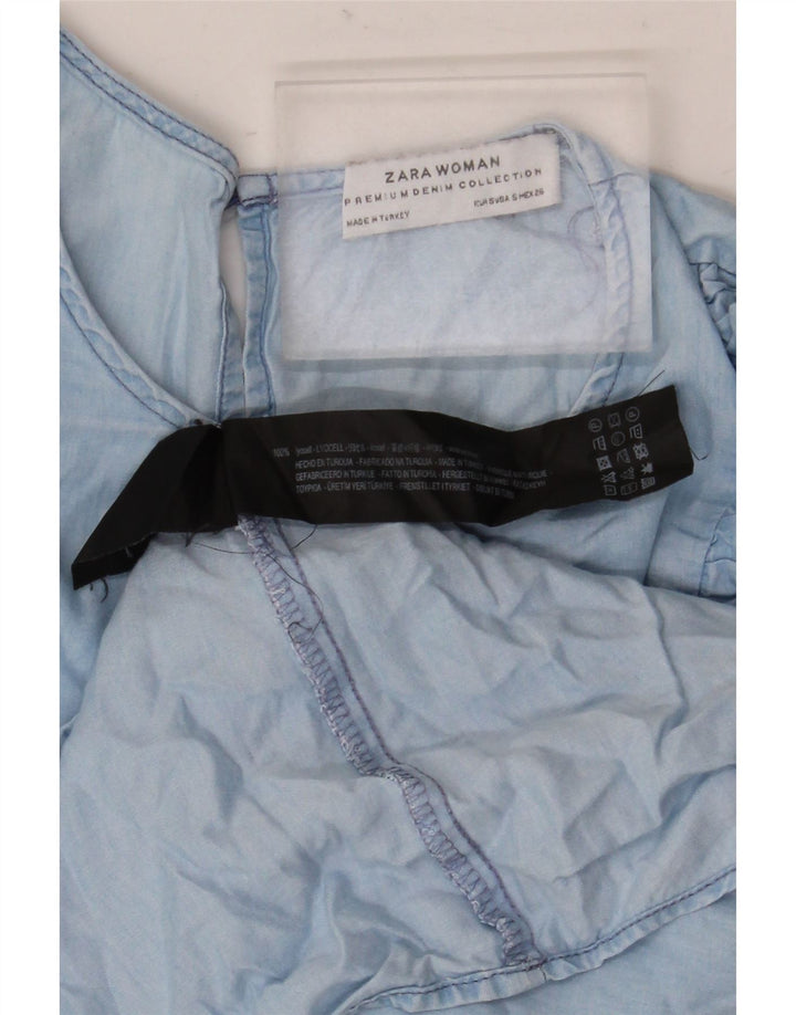 Zara Womens 3/4 Sleeve Ruffle Front Blouse Top UK 10 Small Blue Lyocell