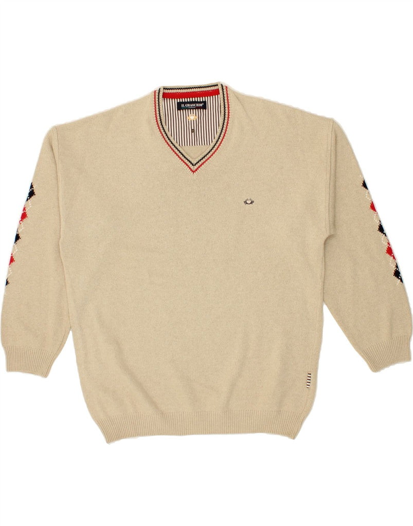 IL GRANCHIO Mens V-Neck Jumper Sweater Large Beige Argyle/Diamond Cotton | Vintage Il Granchio | Thrift | Second-Hand Il Granchio | Used Clothing | Messina Hembry 