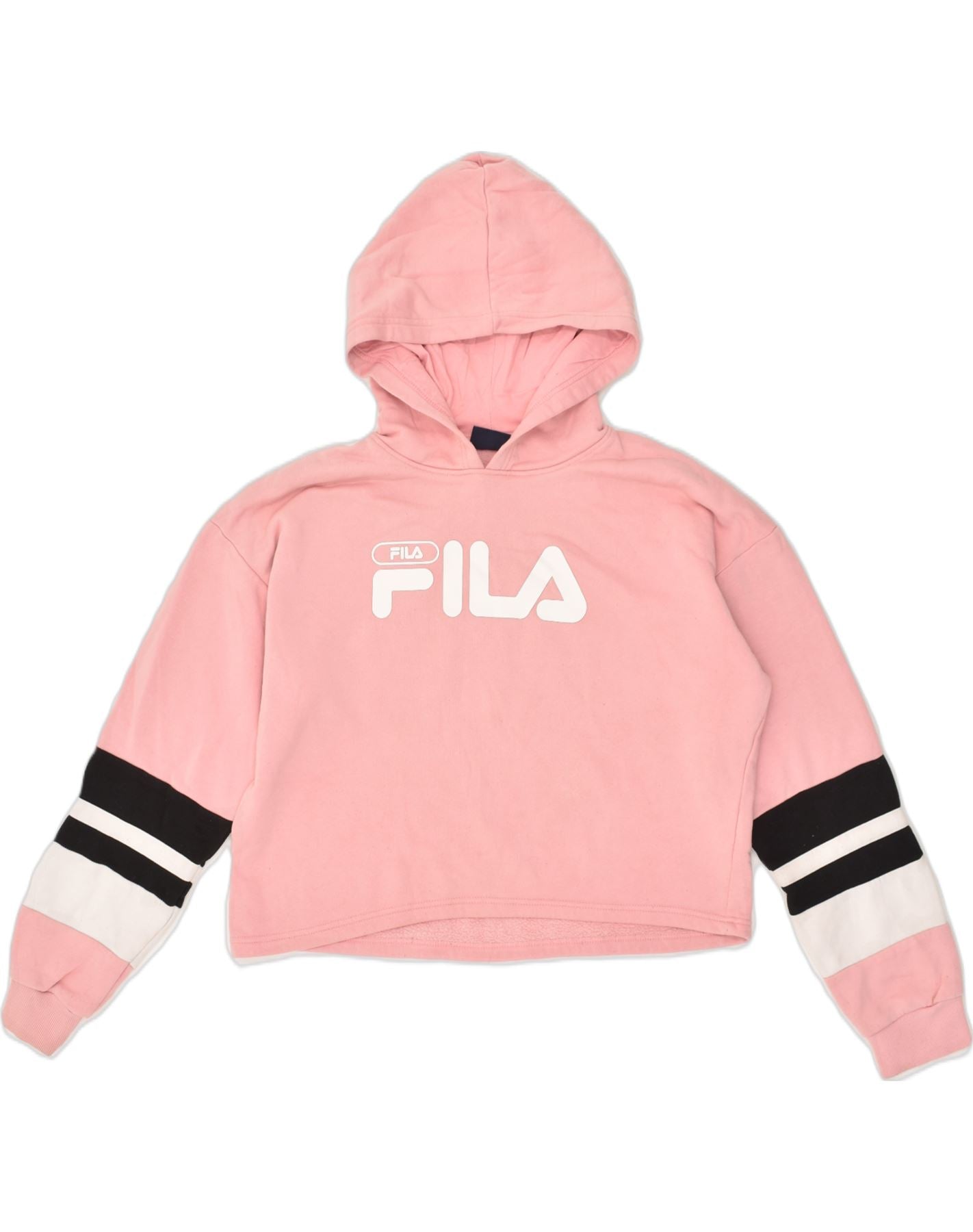 FILA Womens Graphic Hoodie Jumper UK 14 Large Pink Colourblock Cotton