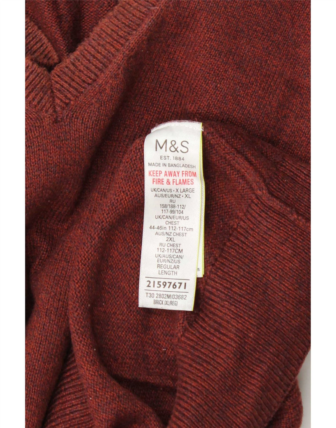 Marks & Spencer Mens V-Neck Jumper Sweater XL Brown Cotton