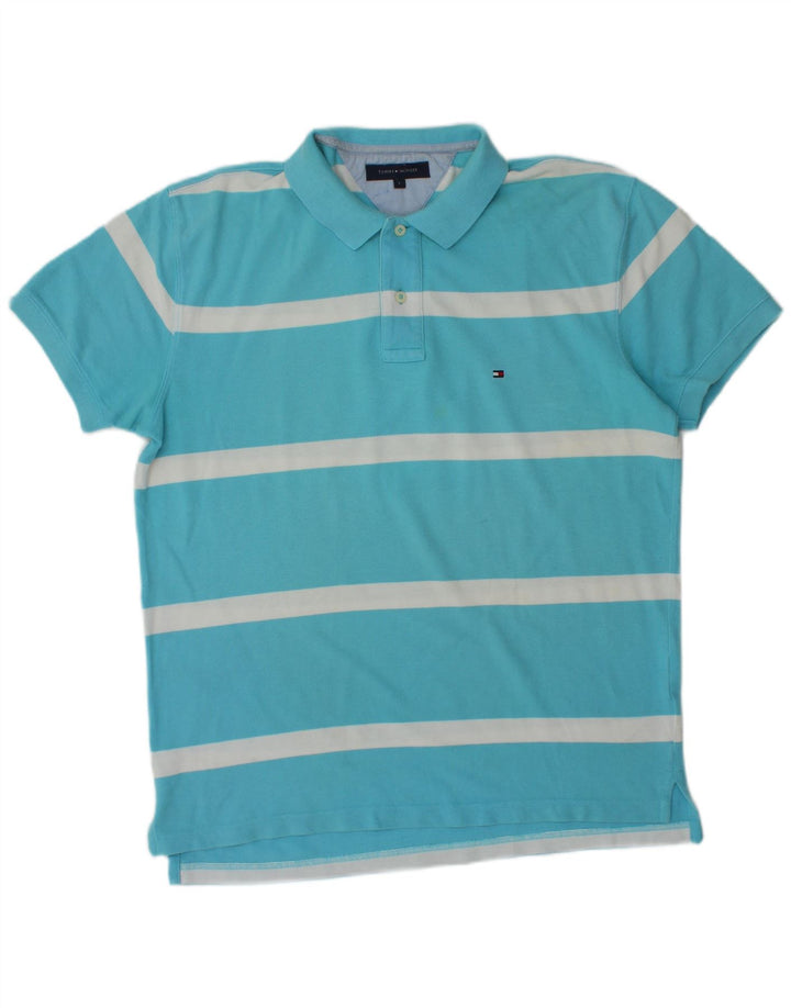 Tommy Hilfiger Mens Polo Shirt Large Blue Striped Cotton