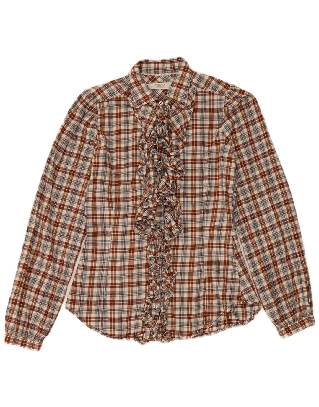 Marlboro Classics Womens Ruffle Front Shirt IT 38 XS Brown Check Cotton